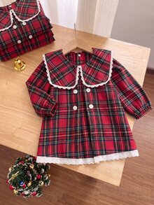 SHEIN 1件女嬰聖誕紅色格紋彼得潘領長袖洋裝，可愛復古蕾絲飾邊洋裝，適合秋冬日常外出 - 紅色 - 查看 6