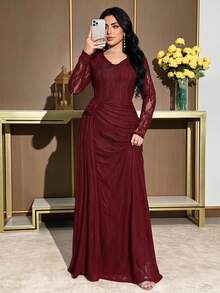 Modelyn 大码女士优雅蕾丝薄纱飘逸鱼尾裙 - 酒紅色 - 查看 1