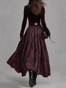 LUMIGAL Vintage Elegant High Neck Velvet Slim Fit T-Shirt & Floral Print A-Line Skirt Women 2 Pieces Set - Multicolor - View 2
