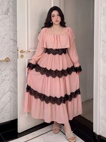 Sweetra Women's Plus Size Ruffle Decor Square Neck Cold Shoulder Long Sleeve Color Block Lace Patchwork Dress, Summer, Spring/Autumn New Vacation Style French Court Style Dress, Elegant Plus Size Dress, Sweet Wedding Vacation Style Dress - Multicolor - View 5