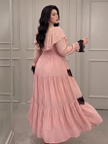 Sweetra Women's Plus Size Ruffle Decor Square Neck Cold Shoulder Long Sleeve Color Block Lace Patchwork Dress, Summer, Spring/Autumn New Vacation Style French Court Style Dress, Elegant Plus Size Dress, Sweet Wedding Vacation Style Dress - Multicolor - View 2