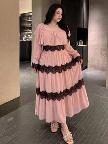 Sweetra Women's Plus Size Ruffle Decor Square Neck Cold Shoulder Long Sleeve Color Block Lace Patchwork Dress, Summer, Spring/Autumn New Vacation Style French Court Style Dress, Elegant Plus Size Dress, Sweet Wedding Vacation Style Dress - Multicolor - View 1