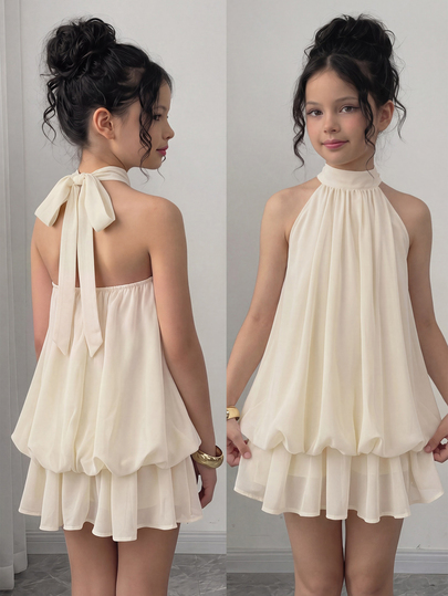 Firerie Kids Firerie Kids Tween Girl Apricot Halter Tie Mini Dress