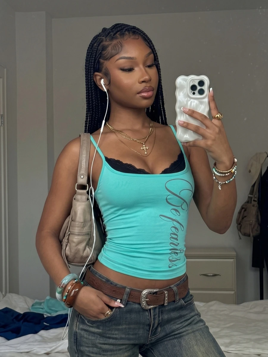 Fiercella Fiercella Summer Light Linen Turquoise Colorblock Lace Collar Sexy Y2k Elastic Slim Fit Camisole Tank Top Suitable For Back To School Going Out Layering - Mint Blue - View 1