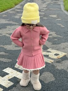 DAZY Infant/Toddler (Girl) Collared Long Sleeve Casual Sweater & Skirt 2 Pieces Set, Korean Style - Pink - View 5