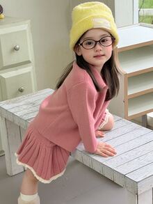 DAZY Infant/Toddler (Girl) Collared Long Sleeve Casual Sweater & Skirt 2 Pieces Set, Korean Style - Pink - View 11
