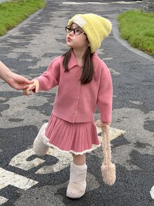 DAZY Infant/Toddler (Girl) Collared Long Sleeve Casual Sweater & Skirt 2 Pieces Set, Korean Style - Pink - View 6