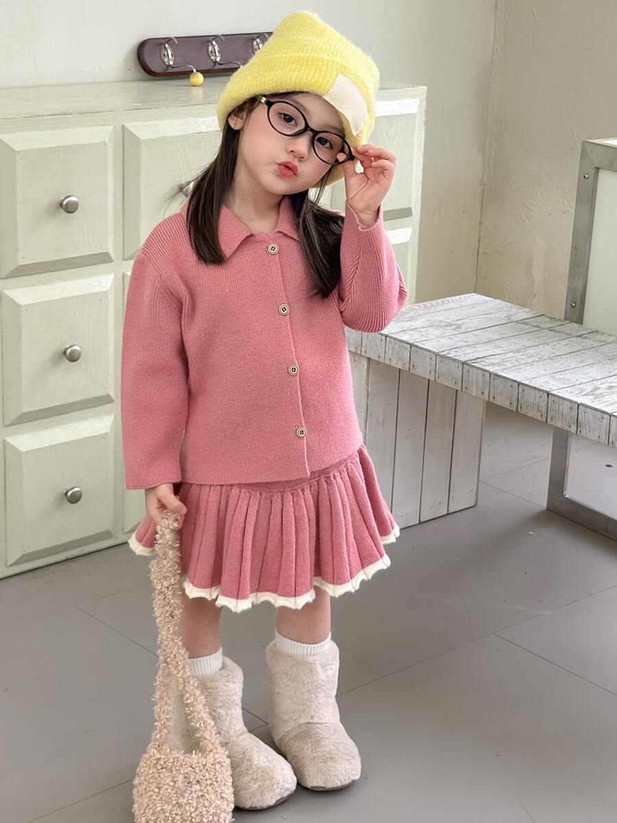 DAZY Infant/Toddler (Girl) Collared Long Sleeve Casual Sweater & Skirt 2 Pieces Set, Korean Style - Pink - View 1