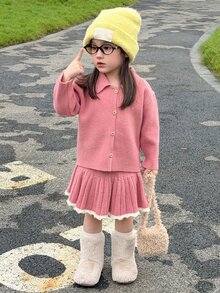 DAZY Infant/Toddler (Girl) Collared Long Sleeve Casual Sweater & Skirt 2 Pieces Set, Korean Style - Pink - View 8