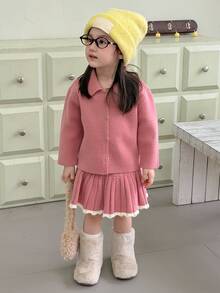 DAZY Infant/Toddler (Girl) Collared Long Sleeve Casual Sweater & Skirt 2 Pieces Set, Korean Style - Pink - View 10