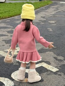 DAZY Infant/Toddler (Girl) Collared Long Sleeve Casual Sweater & Skirt 2 Pieces Set, Korean Style - Pink - View 7
