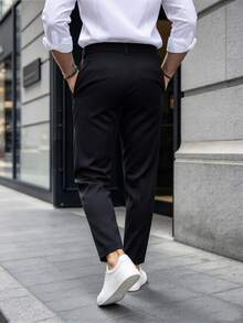 Manfinity Bizformal 男士純色休閒商務日常穿著西裝長褲 正式辦公黑色秋季 - 黑色 - 查看 2