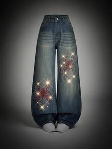 SHEIN ICON Plus Size Women Halloween Spider Web Rhinestone High Waist Wide Leg Jeans Fall Y2K 90s Blue Sparkly Loose Denim Pants Christmas Party Birthday Evening - Blue - View 1