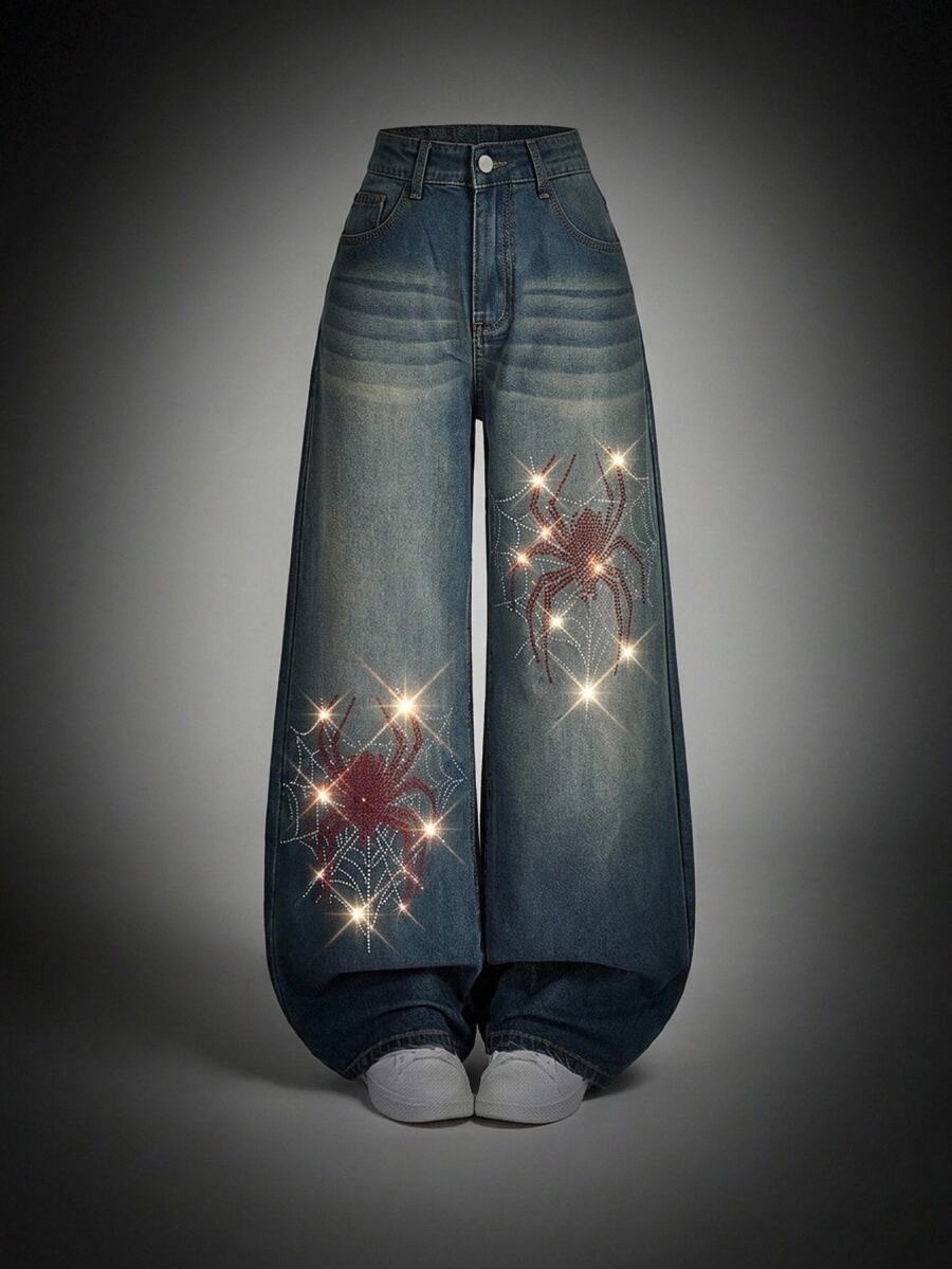 SHEIN ICON Plus Size Women Halloween Spider Web Rhinestone High Waist Wide Leg Jeans Fall Y2K 90s Blue Sparkly Loose Denim Pants Christmas Party Birthday Evening - Blue - View 1