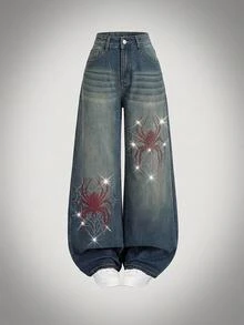 SHEIN ICON Plus Size Women Halloween Spider Web Rhinestone High Waist Wide Leg Jeans Fall Y2K 90s Blue Sparkly Loose Denim Pants Christmas Party Birthday Evening - Blue - View 3