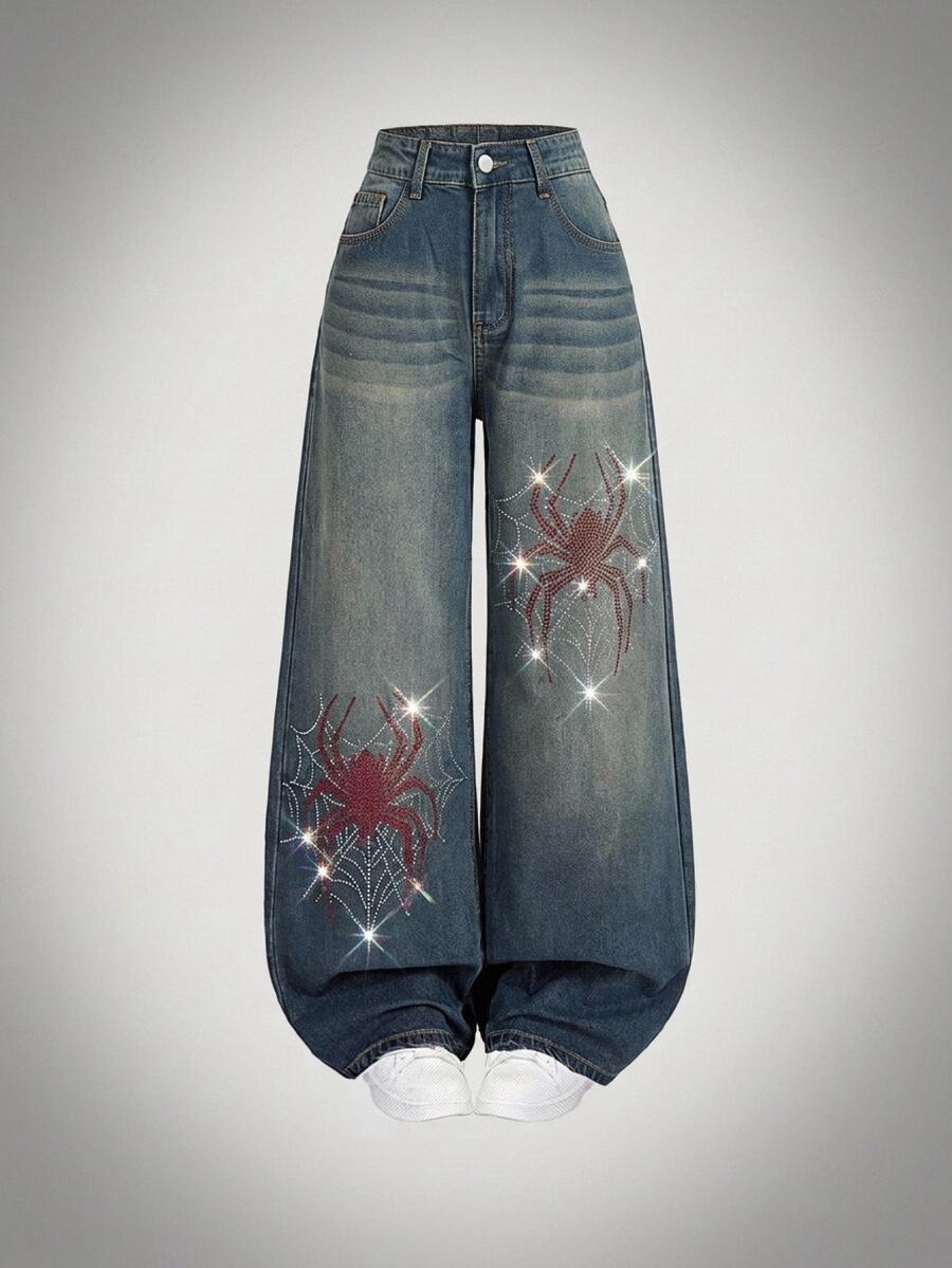 SHEIN ICON Plus Size Women Halloween Spider Web Rhinestone High Waist Wide Leg Jeans Fall Y2K 90s Blue Sparkly Loose Denim Pants Christmas Party Birthday Evening - Blue - View 1