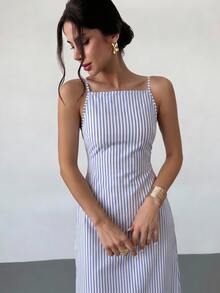 Firerie 女款度假休閒熱帶海濱性感藍白條紋細肩帶露背洋裝 寬鬆夏威夷度假村陽光沙灘夏季洋裝 - 藍白色 - 查看 7