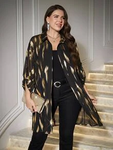 Reflora Plus Size Women's Black And Gold Foil Trim Rolled Sleeve Single-Breasted Fashion Shirt Christmas Party Formal Night Elegant Sexy Summer - Black - View 6