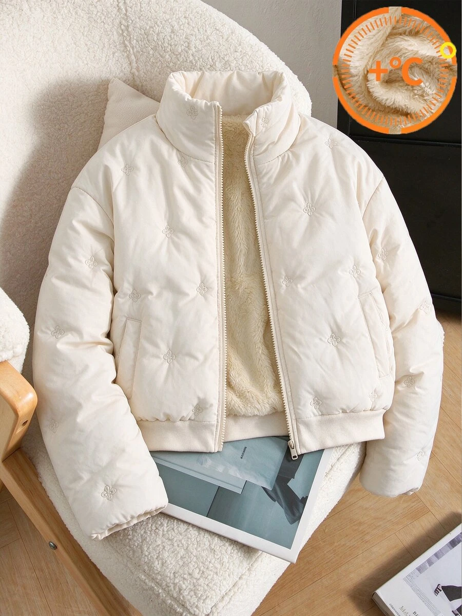 SHEIN Tween Girl' Apricot Solid Color Embroidered Fabric Thickened Padded Coat, Winter Zipper, Short Stand Collar Thermal Lined Padded Coat