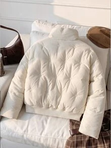 SHEIN Tween Girl' Apricot Solid Color Embroidered Fabric Thickened Padded Coat, Winter Zipper, Short Stand Collar Thermal Lined Padded Coat - Apricot - View 3