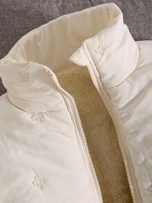 SHEIN Tween Girl' Apricot Solid Color Embroidered Fabric Thickened Padded Coat, Winter Zipper, Short Stand Collar Thermal Lined Padded Coat - Apricot - View 8