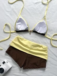 Bonvoyette 撞色掛脖比基尼套裝，V領配金屬吊墜，男孩短褲泳衣 - 咖啡棕 - 查看 3