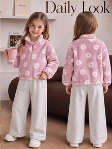 SHEIN 2件裝女童珊瑚絨毛絨衛衣，抓絨內裡半拉鍊外出上衣，7歲生日穿搭，休閒嬰幼兒經典百搭白色套裝，2026年秋季 - 紫色 - 查看 3