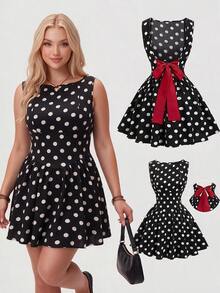 Sweetra CURVE Plus Size Women Black & White Polka Dot Backless Burgundy Contrast Color Big Cinched Waist Cinched A-Line Short Dress Christmas - Black and White - View 1