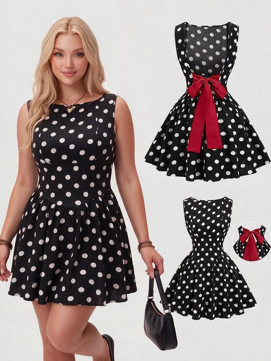 Sweetra CURVE Plus Size Women Black & White Polka Dot Backless Burgundy Contrast Color Big Cinched Waist Cinched A-Line Short Dress Christmas - Black and White - View 1