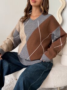 DAZY Patchwork Contrast Color Plaid Loose Long Sleeve Crew Neck Casual Vacation Home Daily Autumn/Winter Knit Sweater Maternity - Grey - View 11
