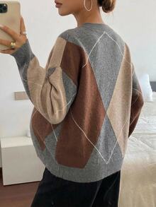 DAZY Patchwork Contrast Color Plaid Loose Long Sleeve Crew Neck Casual Vacation Home Daily Autumn/Winter Knit Sweater Maternity - Grey - View 14