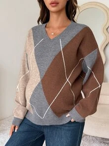 DAZY Patchwork Contrast Color Plaid Loose Long Sleeve Crew Neck Casual Vacation Home Daily Autumn/Winter Knit Sweater Maternity - Grey - View 8