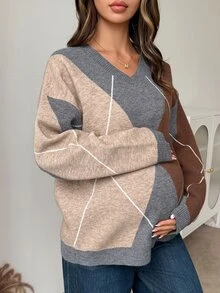 DAZY Patchwork Contrast Color Plaid Loose Long Sleeve Crew Neck Casual Vacation Home Daily Autumn/Winter Knit Sweater Maternity - Grey - View 9