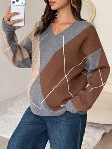 DAZY Patchwork Contrast Color Plaid Loose Long Sleeve Crew Neck Casual Vacation Home Daily Autumn/Winter Knit Sweater Maternity - Grey - View 7