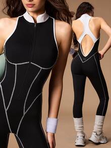 VARSIVA Women's Colorblock Zipper Front Casual Sleeveless Sports Jumpsuit - Black and White - View 3