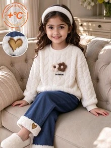 Genkimix Kids Young Girls T-Shirt Co-Ords, Long Sleeve Top, Fall, Winter, Cotton Plush Top, Three-Dimensional Floral Design, Thickened And Fleece - Apricot - View 4
