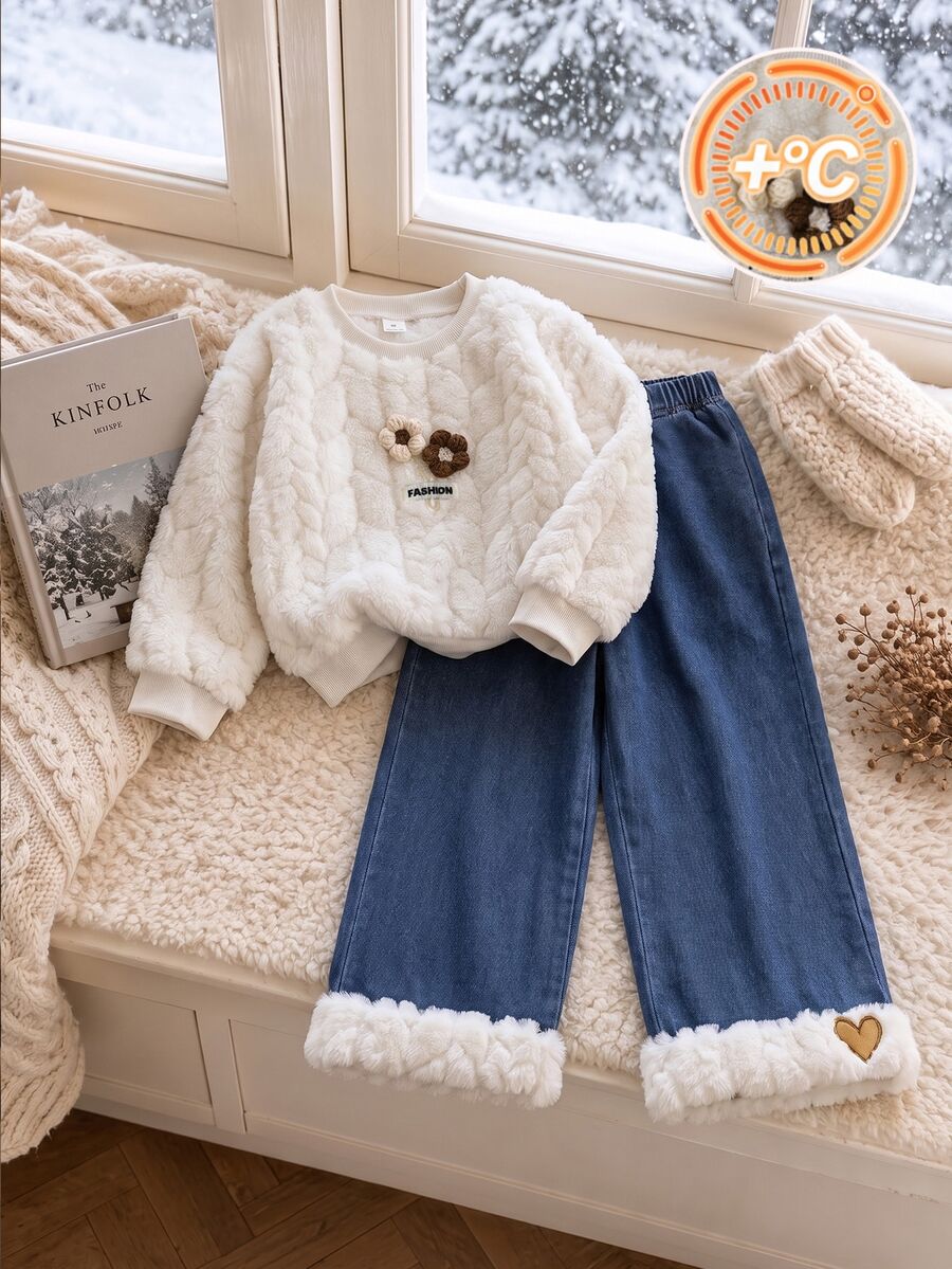 Genkimix Kids Young Girls T-Shirt Co-Ords, Long Sleeve Top, Fall, Winter, Cotton Plush Top, Three-Dimensional Floral Design, Thickened And Fleece