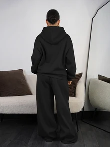 SAYEHFBABY Casual Minimalist Women's 2 Pieces Set, Women's Autumn/Winter 2 Pieces Set, Hoodie And Sweatpants Set, Suitable For Autumn/Winter, Versatile, Suitable For Daily Wear - Black - View 2
