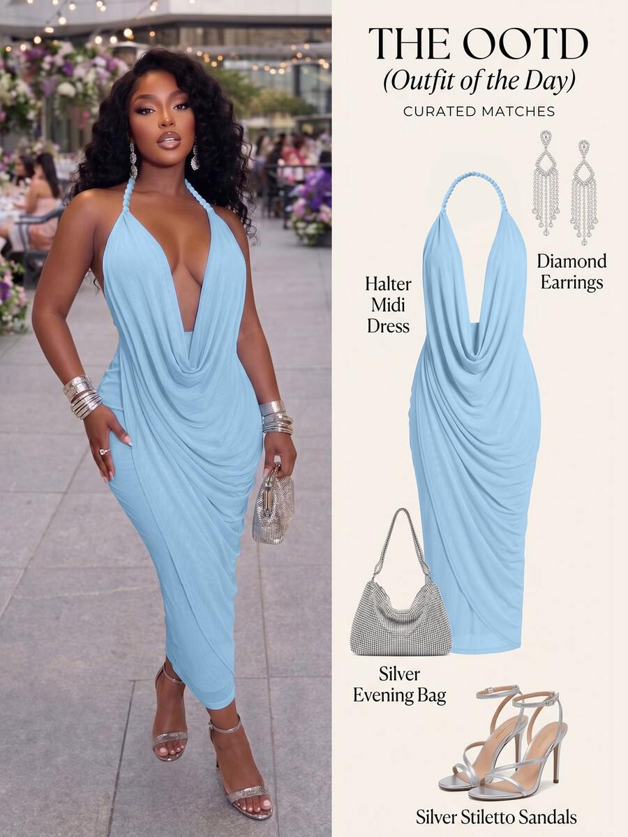 Poshavie Poshavie Plus Size & Elegant Women's Party Long Dress,Knitted Stretch Mesh & Chiffon Semi-Sheer Beach Vacation Baby Blue,Summer,Girlism,Night Out Club - Blue - View 1