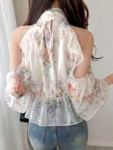 FRIFUL Women's Turtleneck Cutout Shoulder Elegant Romantic All-Over Print Ruffle Hem Blouse Outfits Tee Long Sleeve Tops Brunch Date White Floral Autumn - Multicolor - View 10
