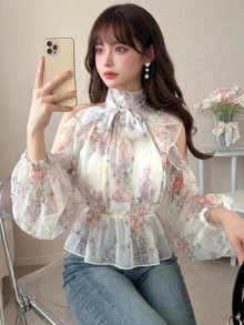 FRIFUL Women's Turtleneck Cutout Shoulder Elegant Romantic All-Over Print Ruffle Hem Blouse Outfits Tee Long Sleeve Tops Brunch Date White Floral Autumn - Multicolor - View 9