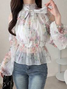 FRIFUL Women's Turtleneck Cutout Shoulder Elegant Romantic All-Over Print Ruffle Hem Blouse Outfits Tee Long Sleeve Tops Brunch Date White Floral Autumn - Multicolor - View 6