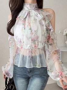 FRIFUL Women's Turtleneck Cutout Shoulder Elegant Romantic All-Over Print Ruffle Hem Blouse Outfits Tee Long Sleeve Tops Brunch Date White Floral Autumn - Multicolor - View 3