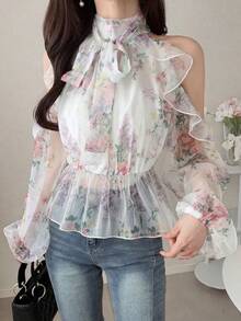 FRIFUL Women's Turtleneck Cutout Shoulder Elegant Romantic All-Over Print Ruffle Hem Blouse Outfits Tee Long Sleeve Tops Brunch Date White Floral Autumn - Multicolor - View 7