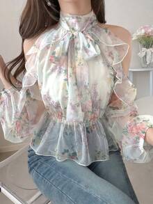 FRIFUL Women's Turtleneck Cutout Shoulder Elegant Romantic All-Over Print Ruffle Hem Blouse Outfits Tee Long Sleeve Tops Brunch Date White Floral Autumn - Multicolor - View 5