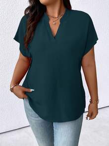 Linhara CURVE Plus Size Plain Color V-Neck Batwing Sleeve Simple Summer Shirt For New Year Clothes - Navy Blue - View 5