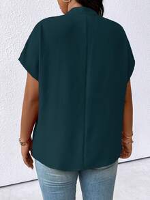 Linhara CURVE Plus Size Plain Color V-Neck Batwing Sleeve Simple Summer Shirt For New Year Clothes - Navy Blue - View 2