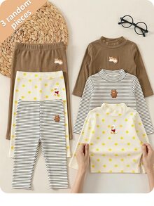 SHEIN Baby Girl Casual Versatile Knitted Striped Cartoon Pattern Turtleneck Autumn Winter Top 3pcs -Piece Set - Multicolor - View 1