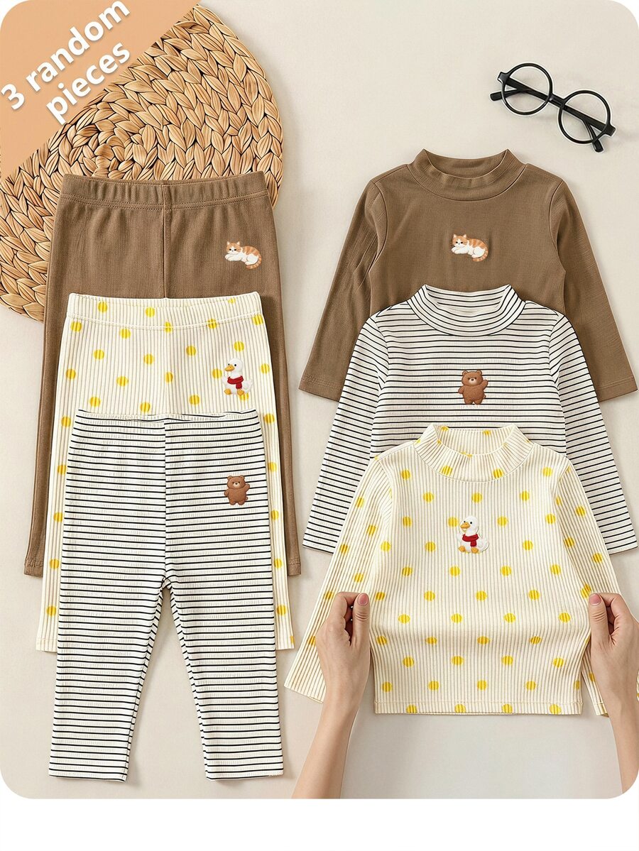 SHEIN Baby Girl Casual Versatile Knitted Striped Cartoon Pattern Turtleneck Autumn Winter Top 3pcs -Piece Set - Multicolor - View 1
