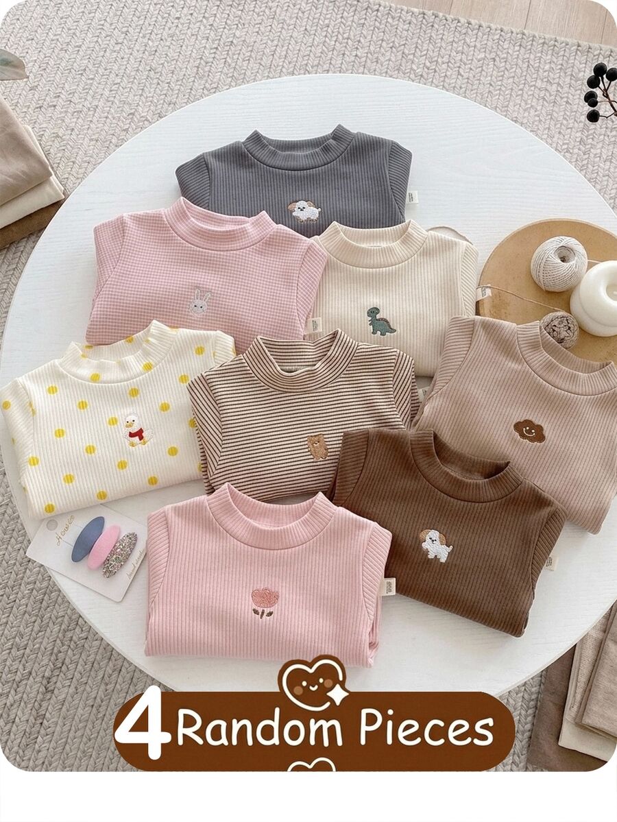 SHEIN Baby Girl Casual Versatile Knitted Striped Cartoon Pattern Turtleneck Autumn Winter Top 3pcs -Piece Set - Multicolor - View 1